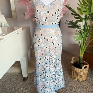 Floral Lace Midi Dress in Blue and Peach